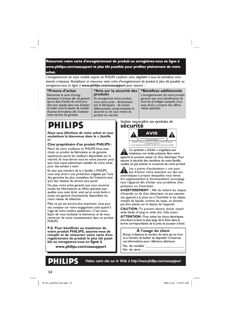 Page 1 de la notice Manuel utilisateur Philips DVP3960