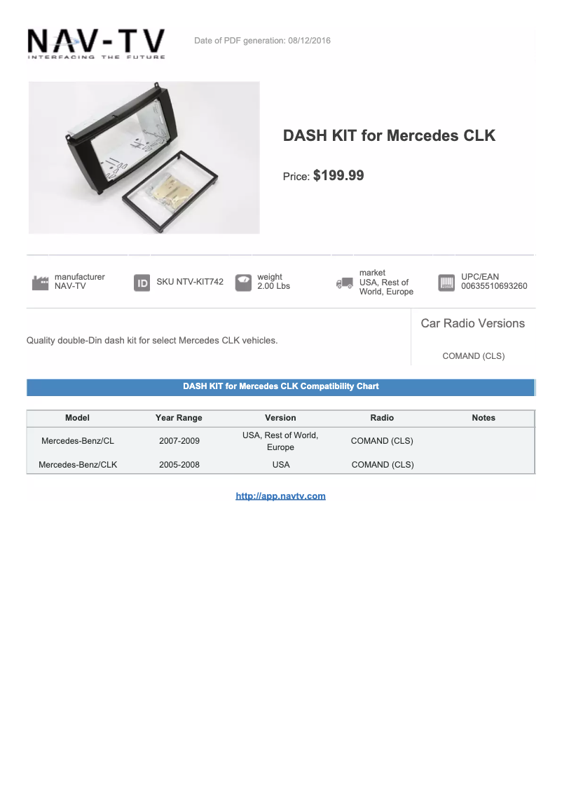 Image de la première page du manuel de l'appareil Dash Kit NTV-KIT742