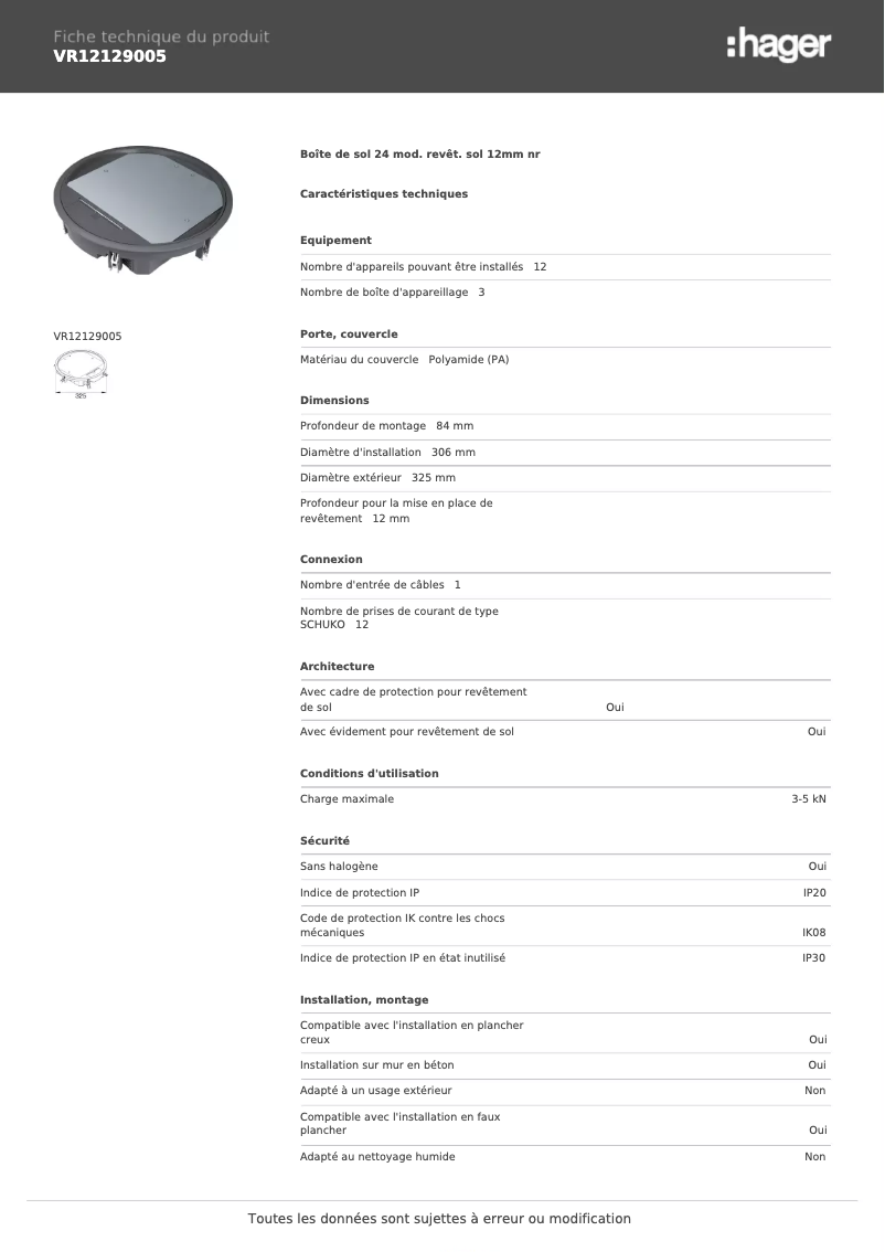 Page 1 de la notice Fiche technique Hager VR12129005