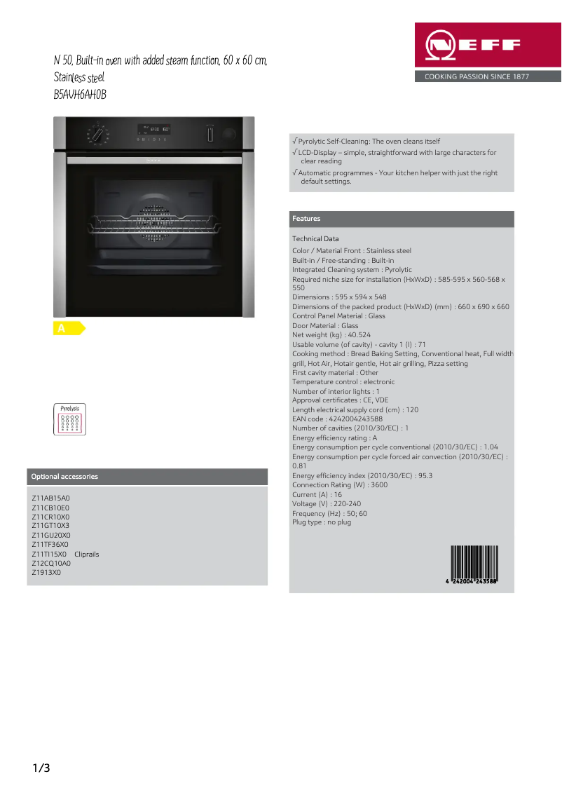 Página 1 del manual Ficha técnica Neff B5AVH6AH0B