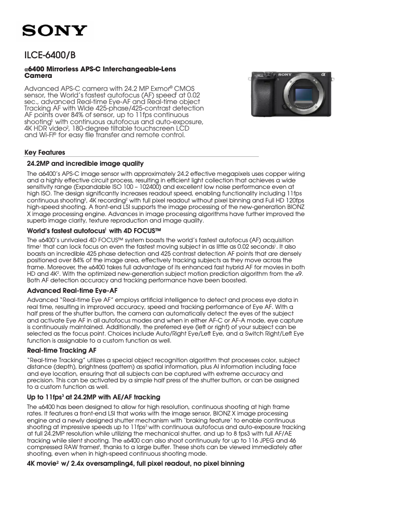 Page 1 de la notice Fiche technique Sony Alpha A6400