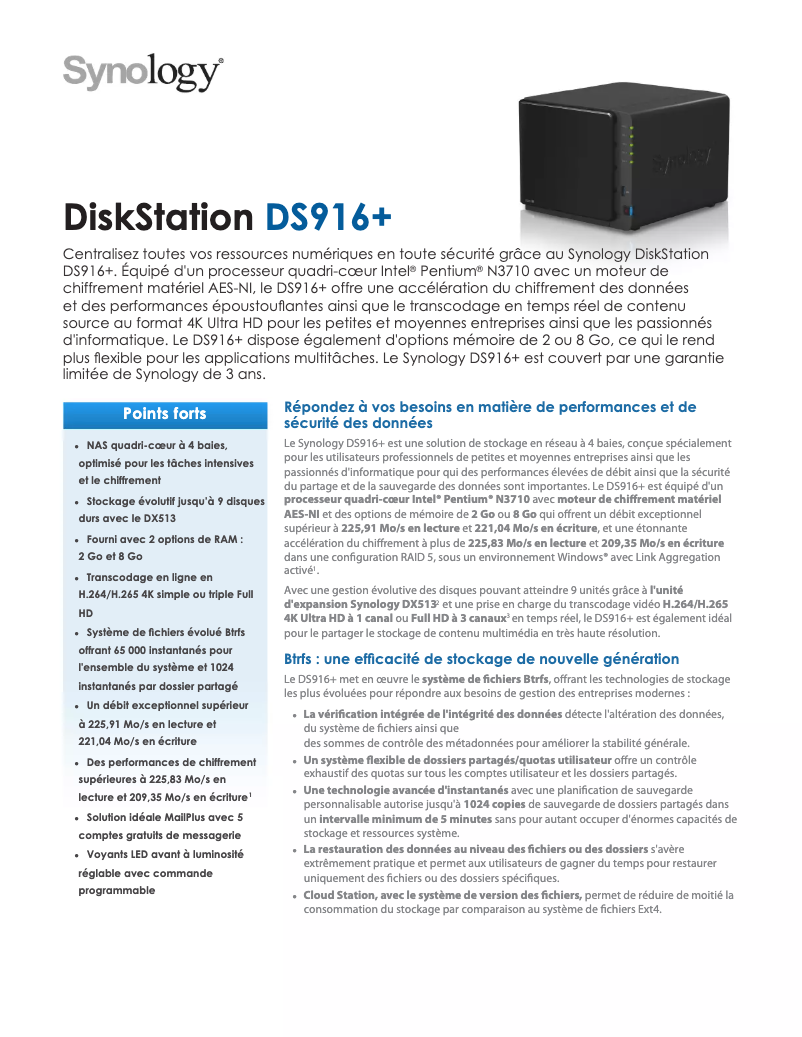 Page 1 de la notice Fiche technique Synology DiskStation DS916+