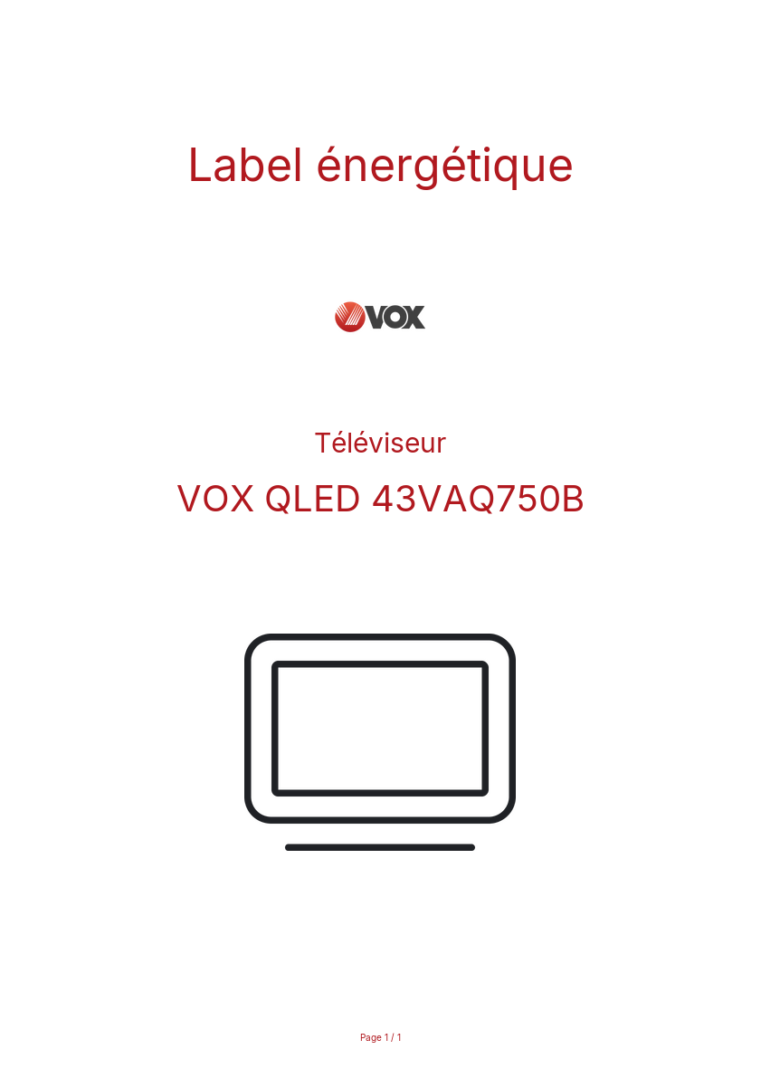 Page n°1 - Label énergétique VOX QLED 43VAQ750B