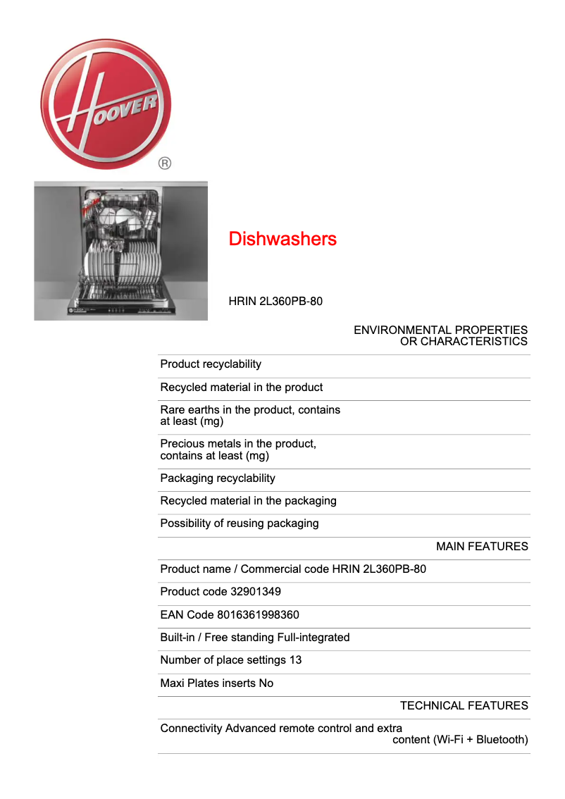 Page n°1 - Fiche technique Hoover H-DISH 300 HRIN 2L360PB-80