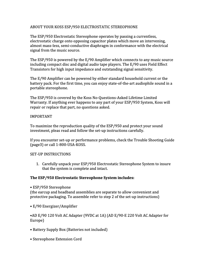 Page 1 de la notice Manuel utilisateur Koss ESP/950