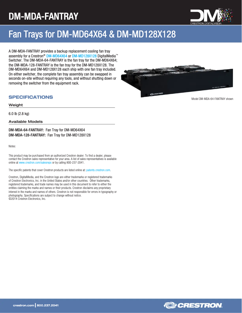 Page 1 de la notice Manuel utilisateur Crestron DM-MDA-FANTRAY