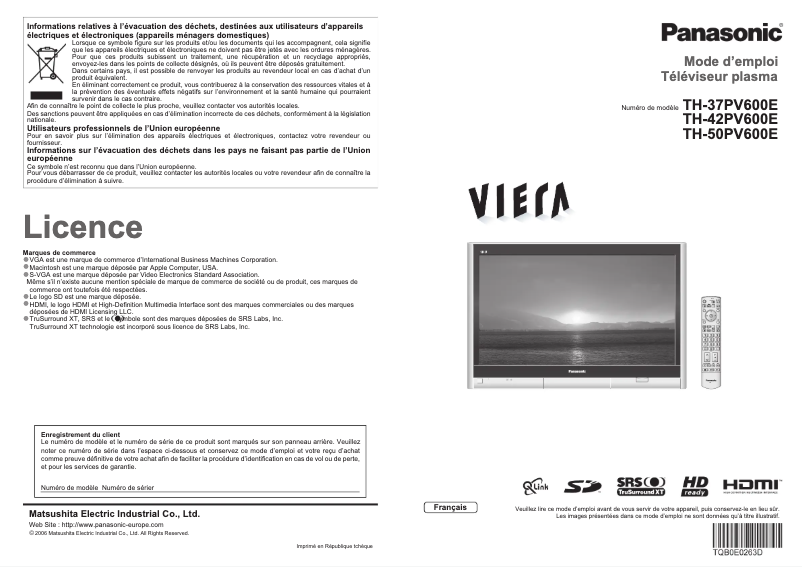 Page 1 de la notice Manuel utilisateur Panasonic Viera TH-42PV600E