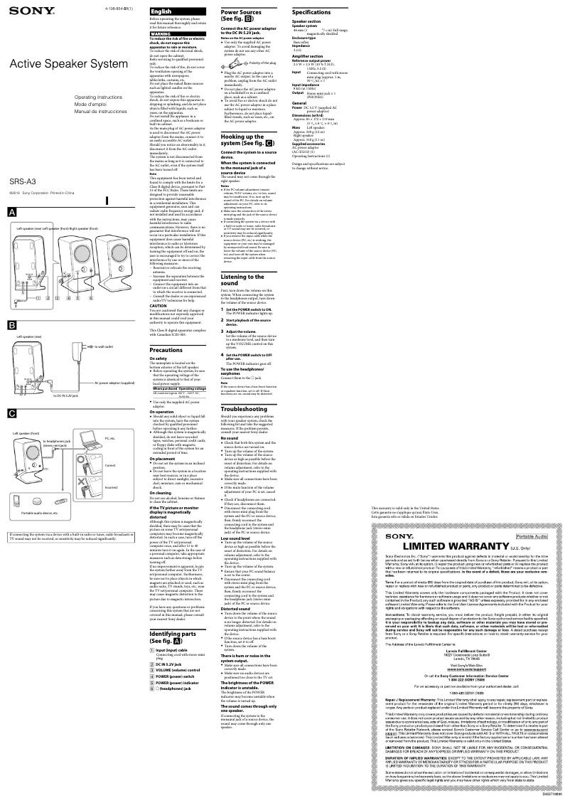 Page n°1 - Manuel utilisateur Sony SRS-A3