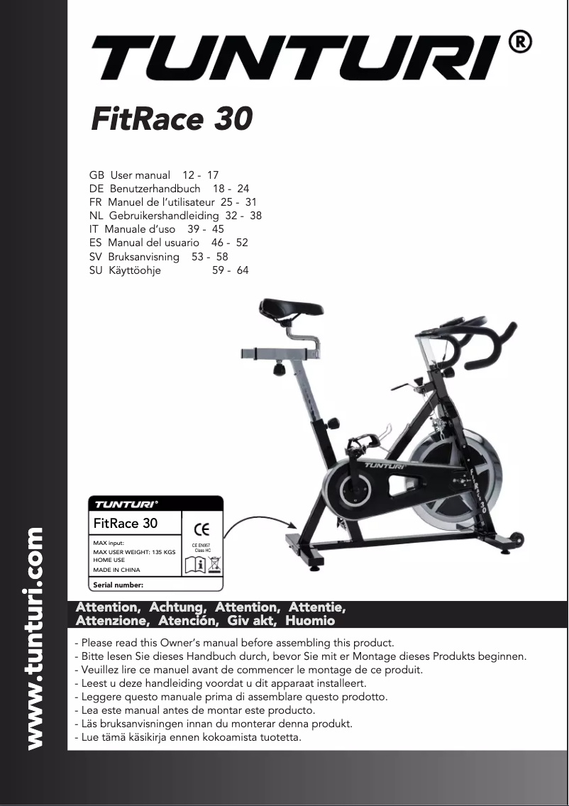 Page n°1 - Manuel utilisateur Tunturi FitRace 30