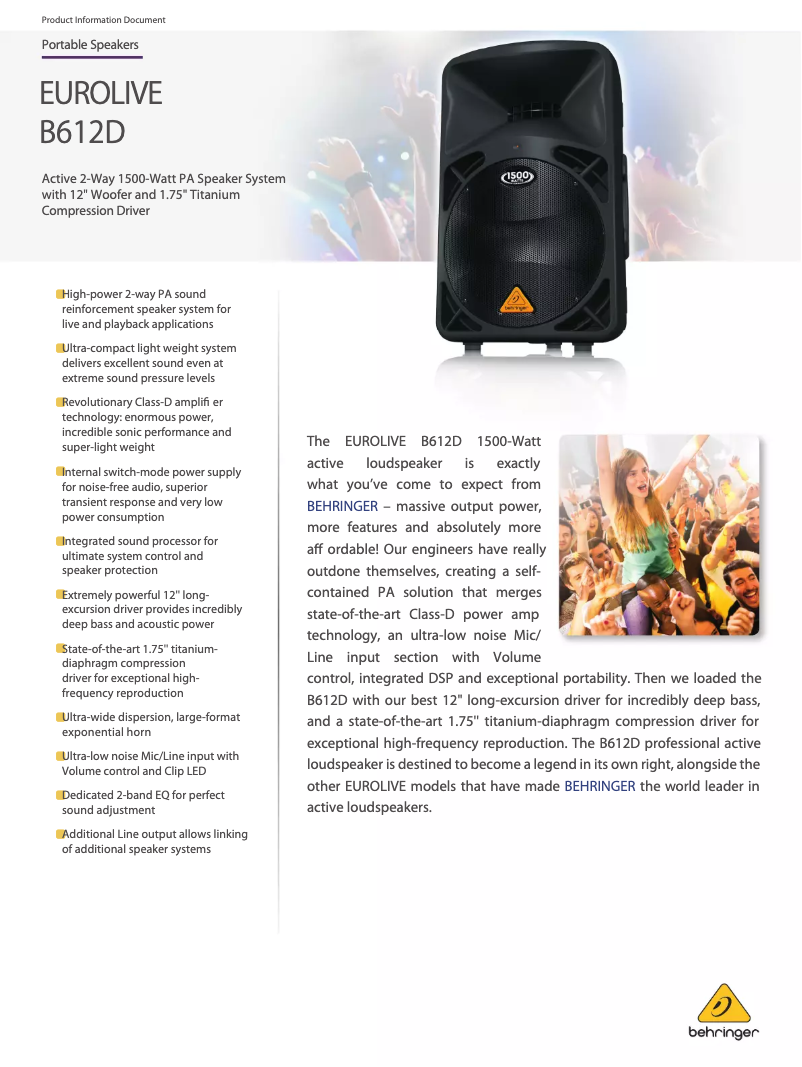 Page 1 de la notice Fiche technique Behringer B612D