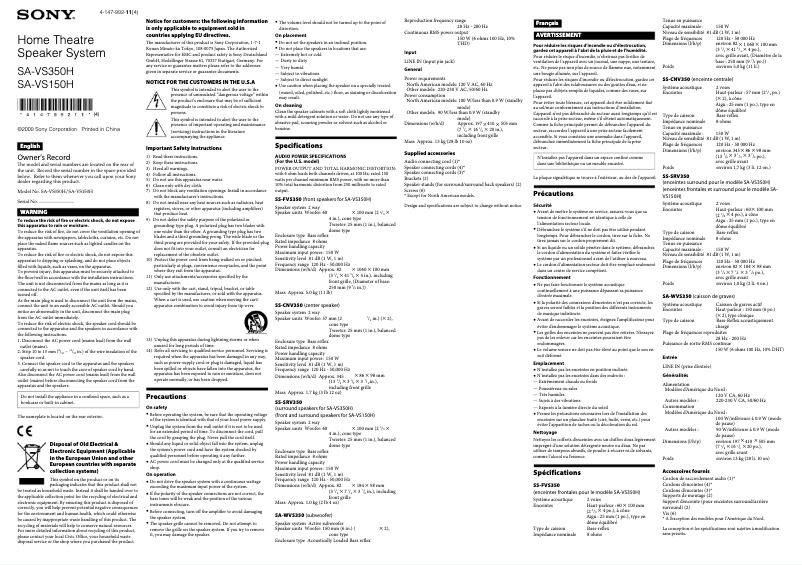 Page 1 de la notice Manuel utilisateur Sony SA-VS350H