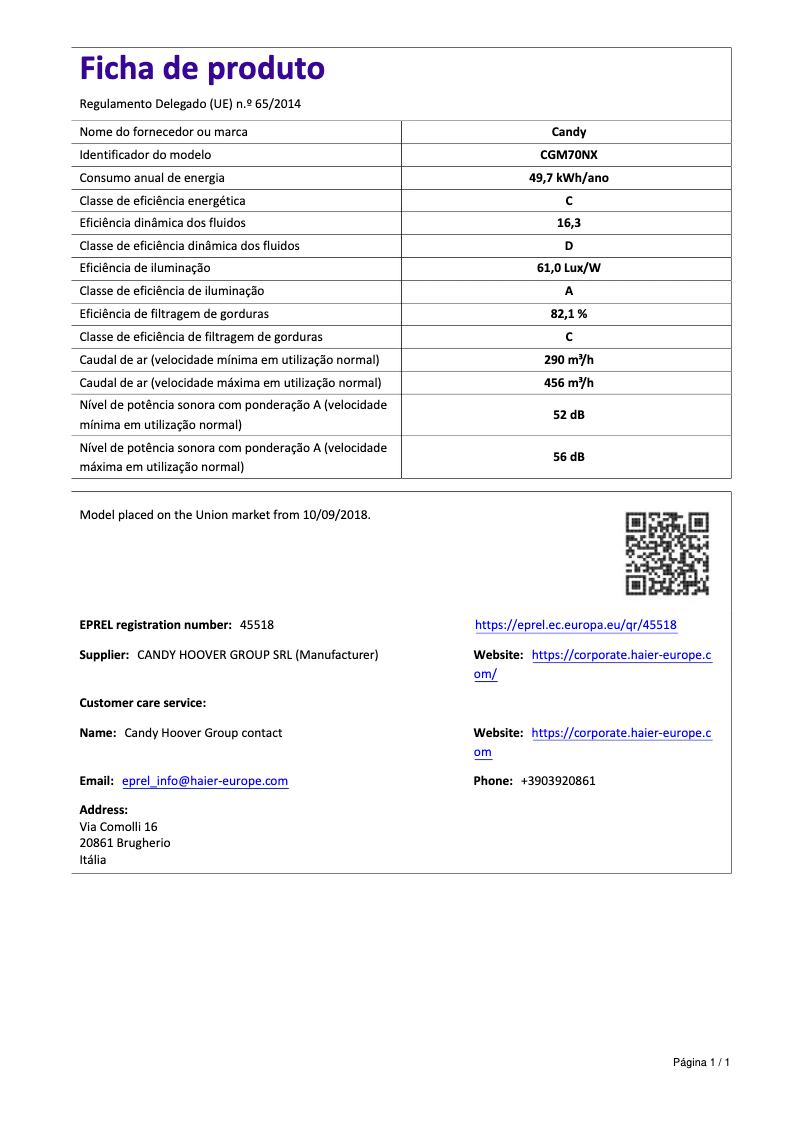 Page 1 de la notice Brochure Candy CGM70NX