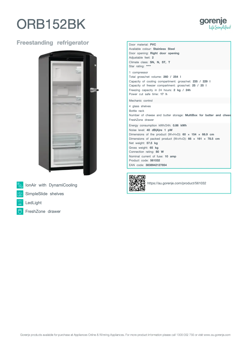 Page n°1 - Fiche technique Gorenje ORB152BK