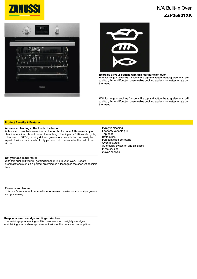 Page n°1 - Fiche technique Zanussi ZZP35901XK