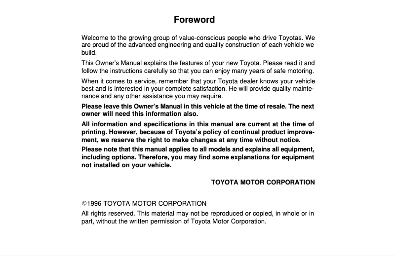 Page 1 de la notice Manuel utilisateur Toyota Celica (1996)