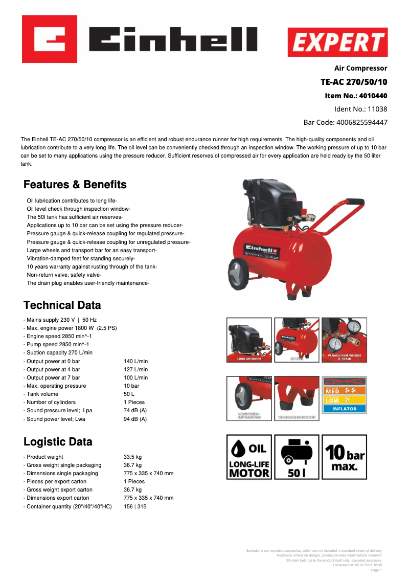 Page 1 de la notice Fiche technique Einhell TE-AC 270/50/10