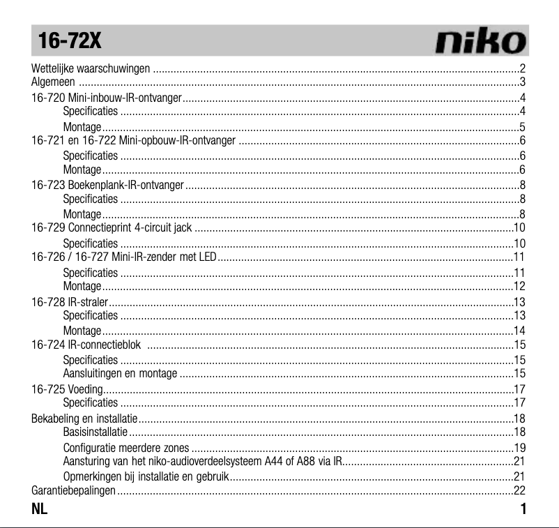 Page 1 de la notice Manuel utilisateur Niko 16-727