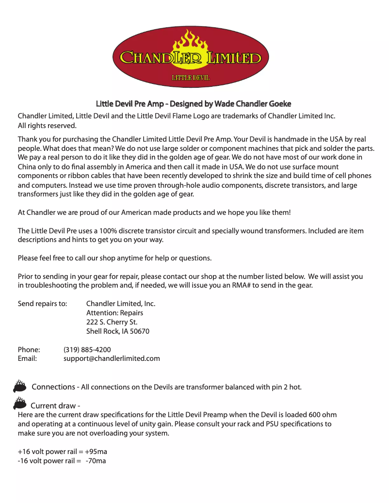 Page 1 de la notice Manuel utilisateur Chandler Little Devil Pre Amp