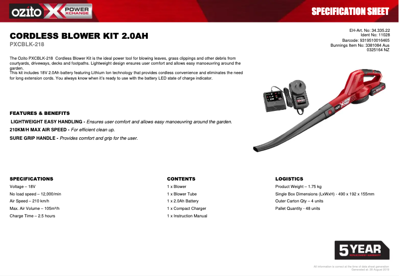 Page 1 de la notice Fiche technique Ozito PXCBLK-218