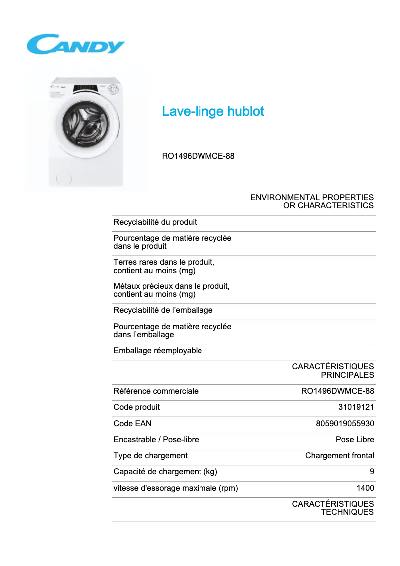 Page 1 de la notice Fiche technique Candy RO1496DWMCE-88