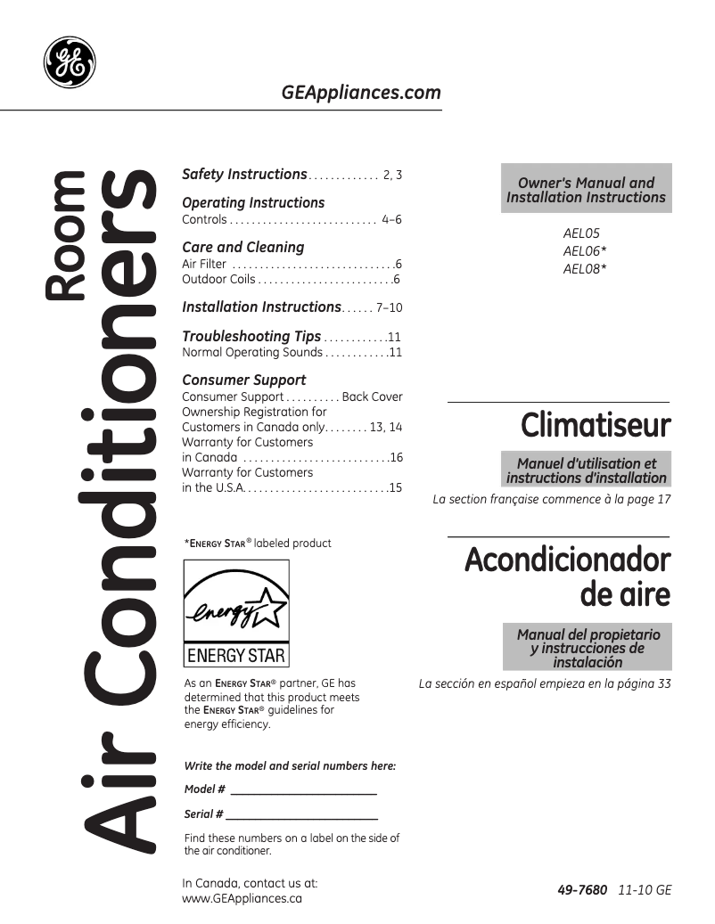 Page n°1 - Manuel utilisateur GE AEL08LP