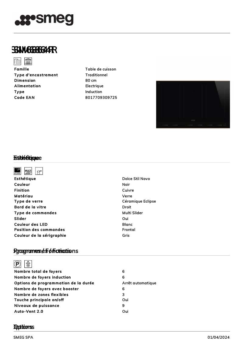 Page n°1 - Fiche technique Smeg SIM6864R