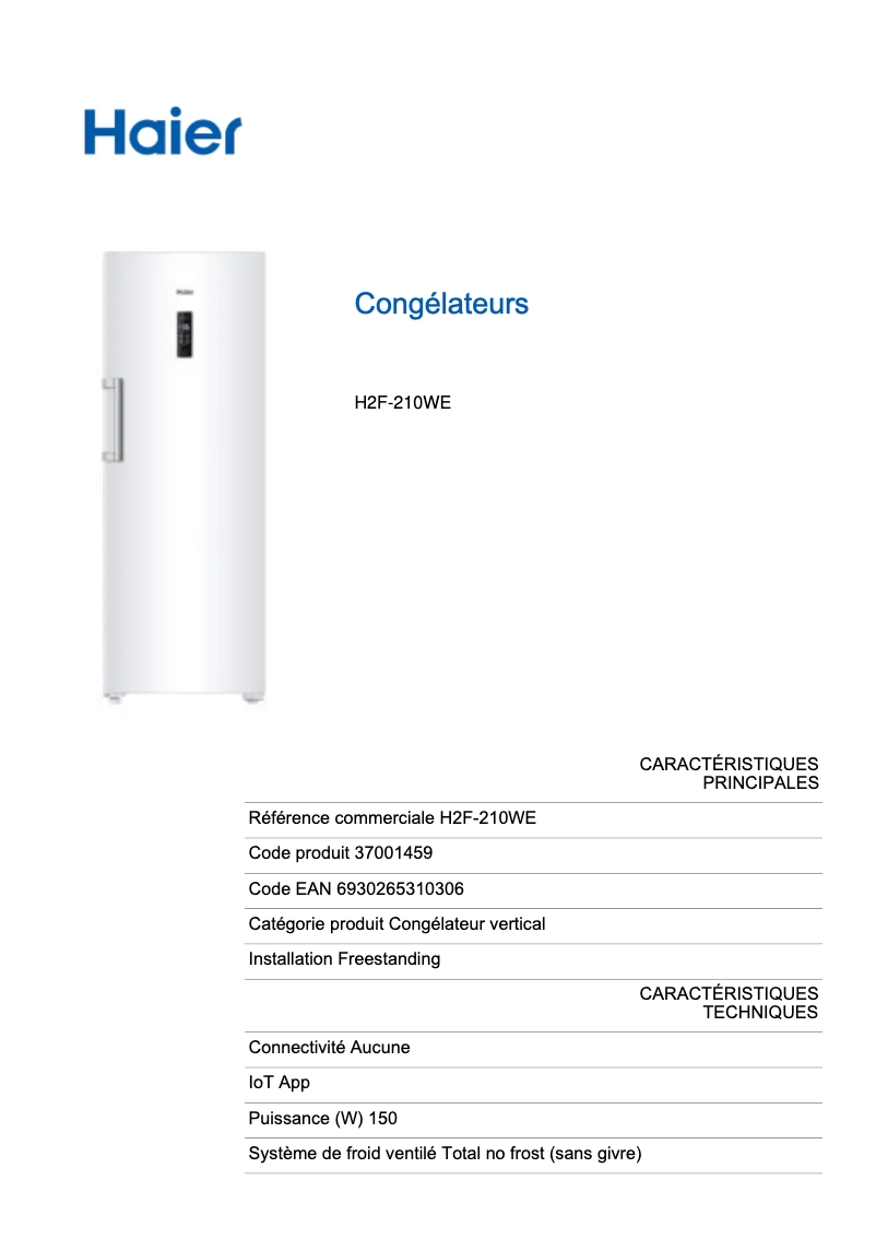 Page n°1 - Fiche technique Haier H2F-210WE