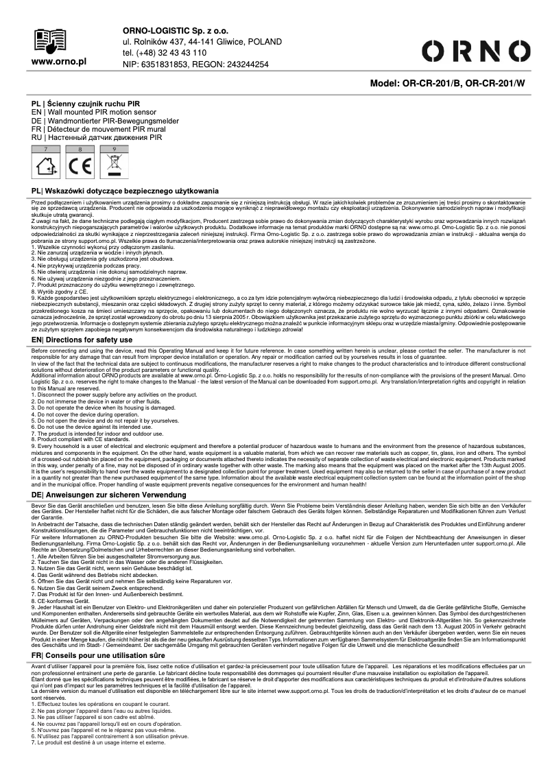 Page 1 de la notice Manuel utilisateur ORNO OR-CR-201