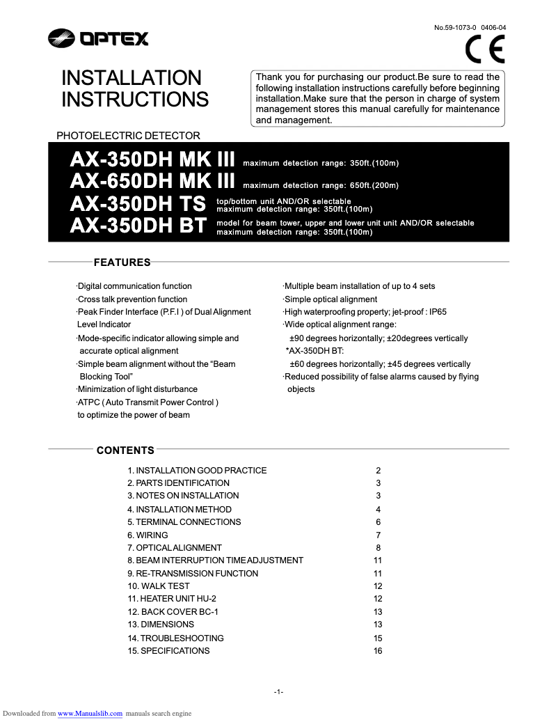 Page 1 de la notice Manuel utilisateur Optex AX-350DH MK3