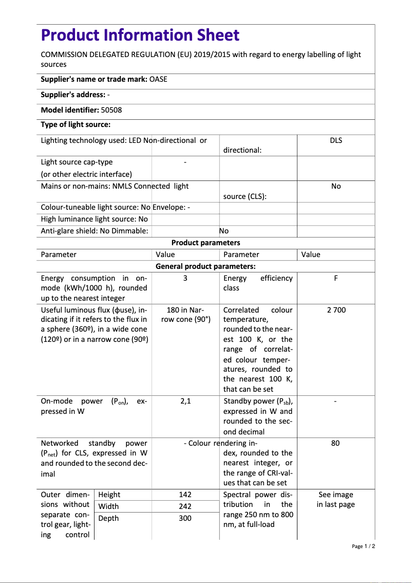 Page 1 de la notice Fiche technique Oase LunAqua Maxi LED