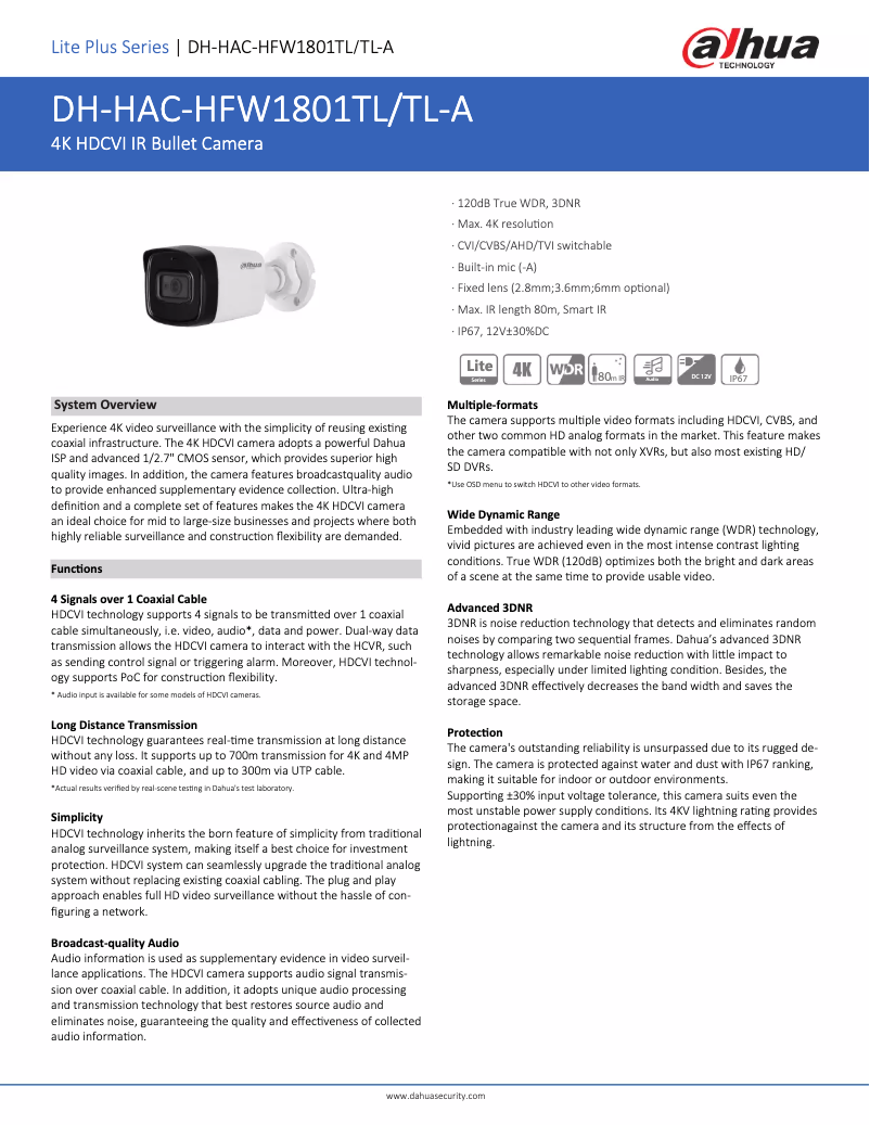 Page 1 de la notice Fiche technique Dahua Technology HAC-HFW1801TL