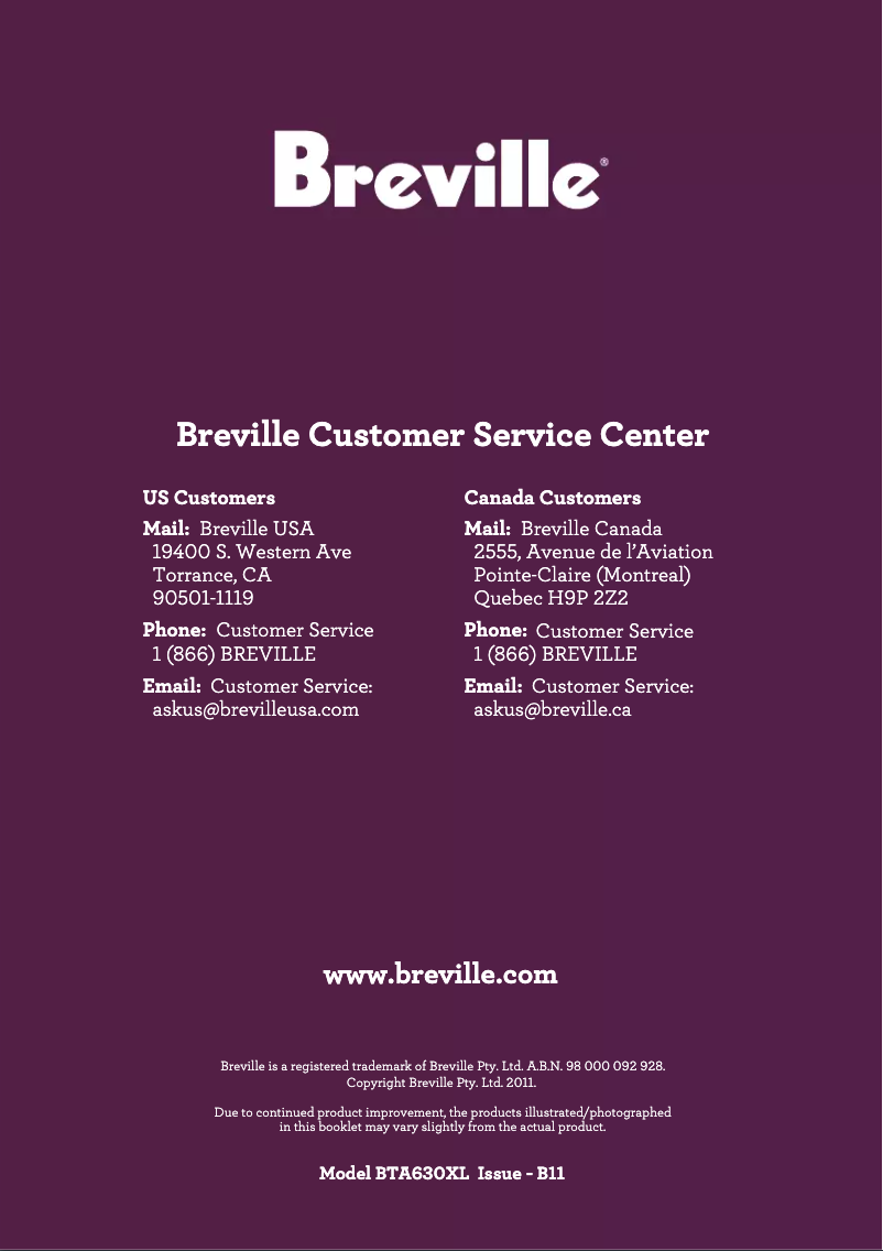 Page 1 de la notice Manuel utilisateur Breville BTA630XL
