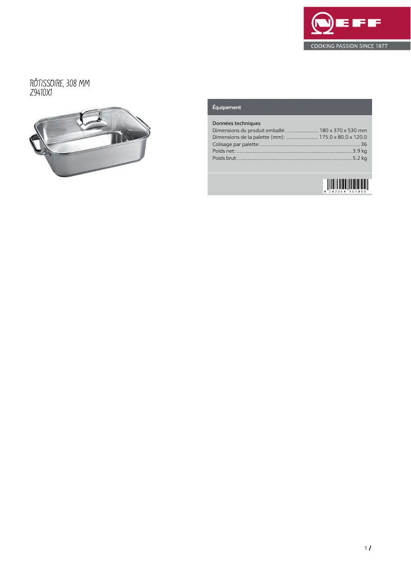 Page 1 de la notice Fiche technique Neff Z9410X1