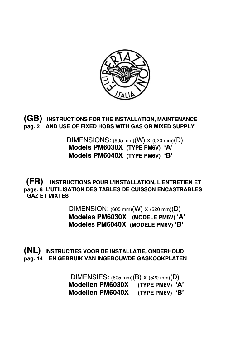 Page 1 de la notice Manuel utilisateur Bertazzoni PM6040X PM6V B