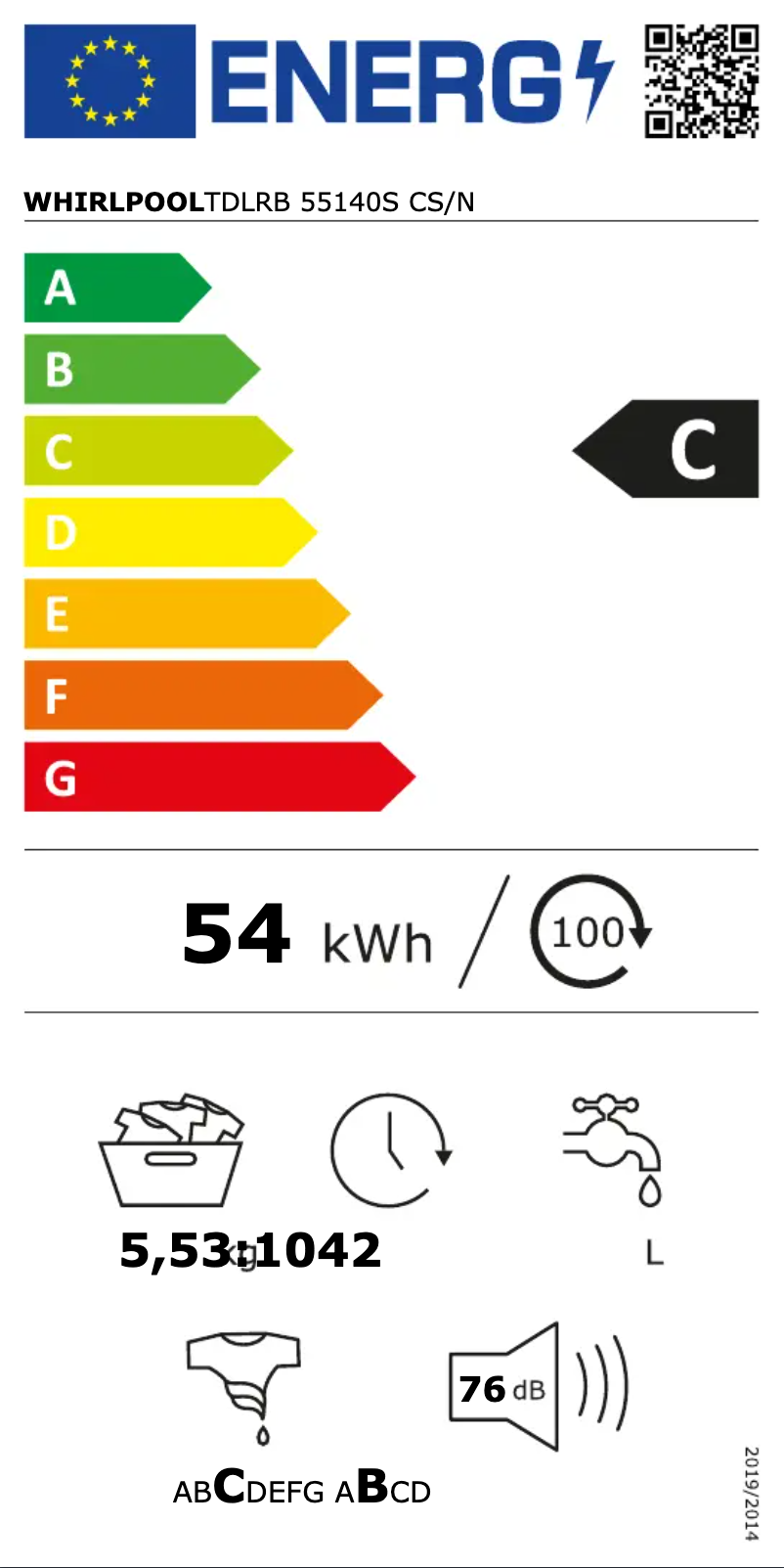 Página 1 del manual Etiqueta energética Whirlpool TDLRB 55140S CS/N