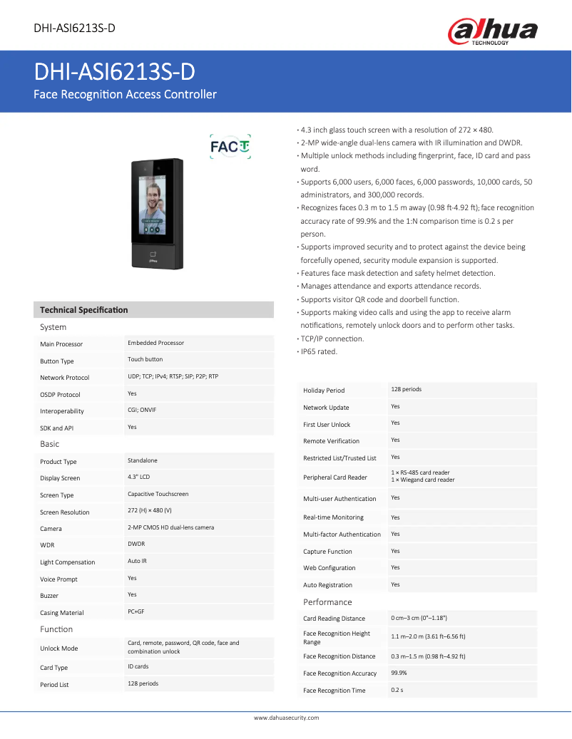 Page 1 de la notice Fiche technique Dahua Technology ASI6213S-D