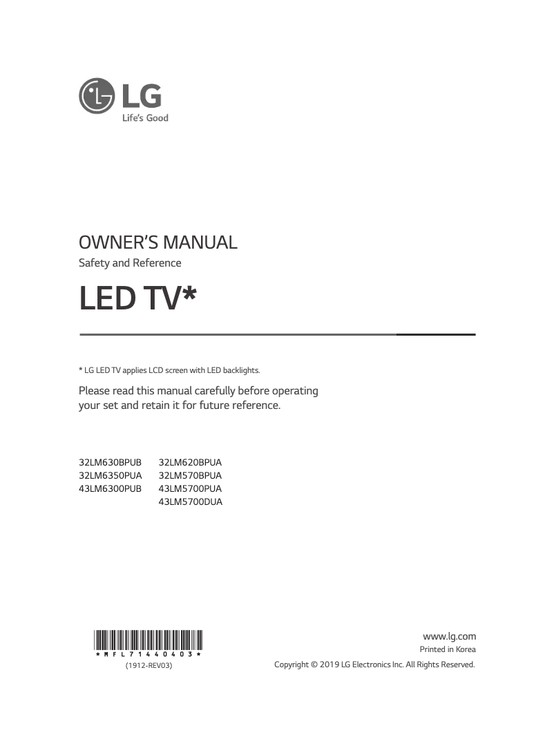 Page 1 de la notice Manuel utilisateur LG 32LM620BPUA
