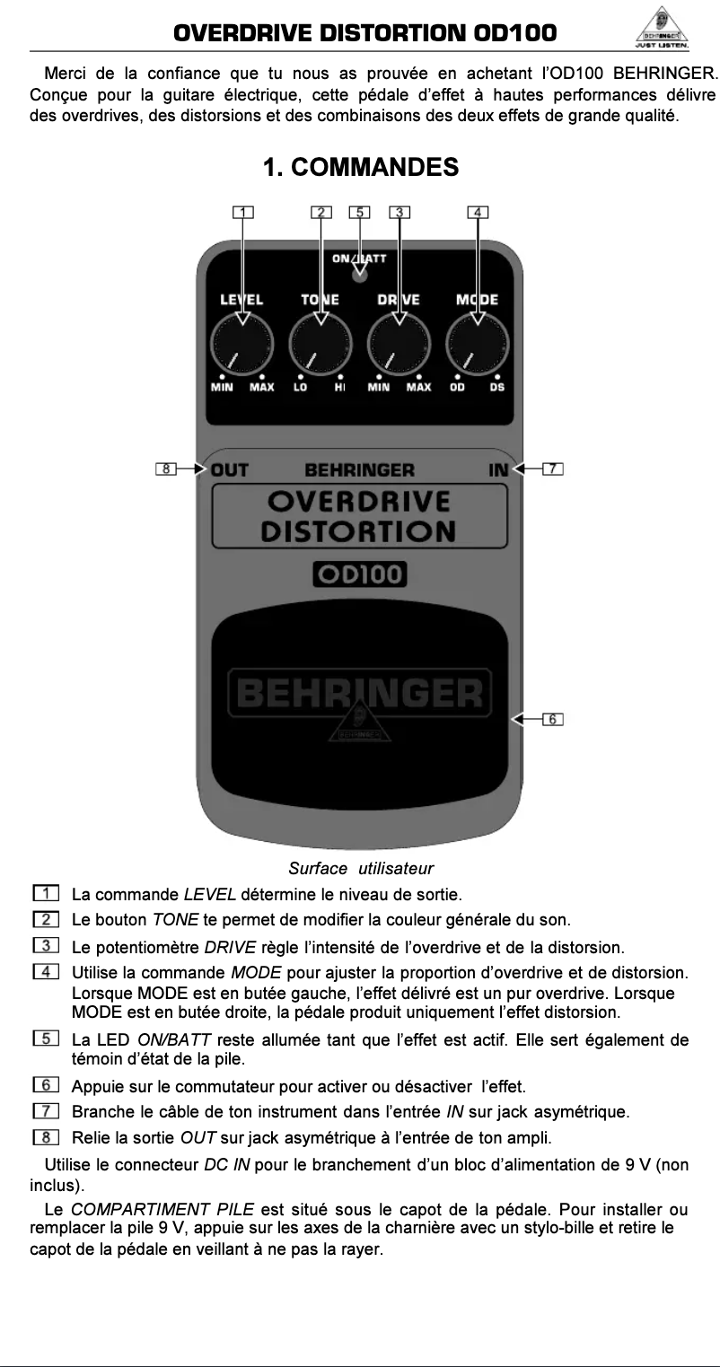 Page 1 de la notice Manuel utilisateur Behringer Overdrive Distortion OD100