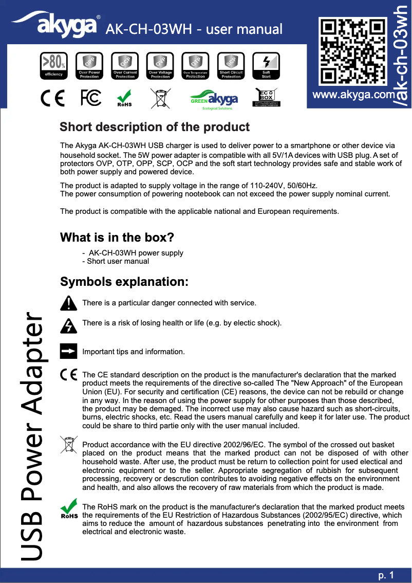 Page 1 de la notice Manuel utilisateur Akyga AK-CH-03WH