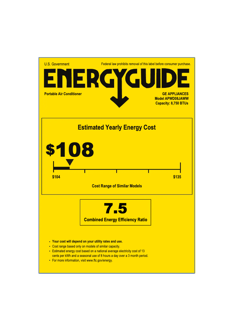 Page n°1 - Label énergétique GE APWD08JAWW