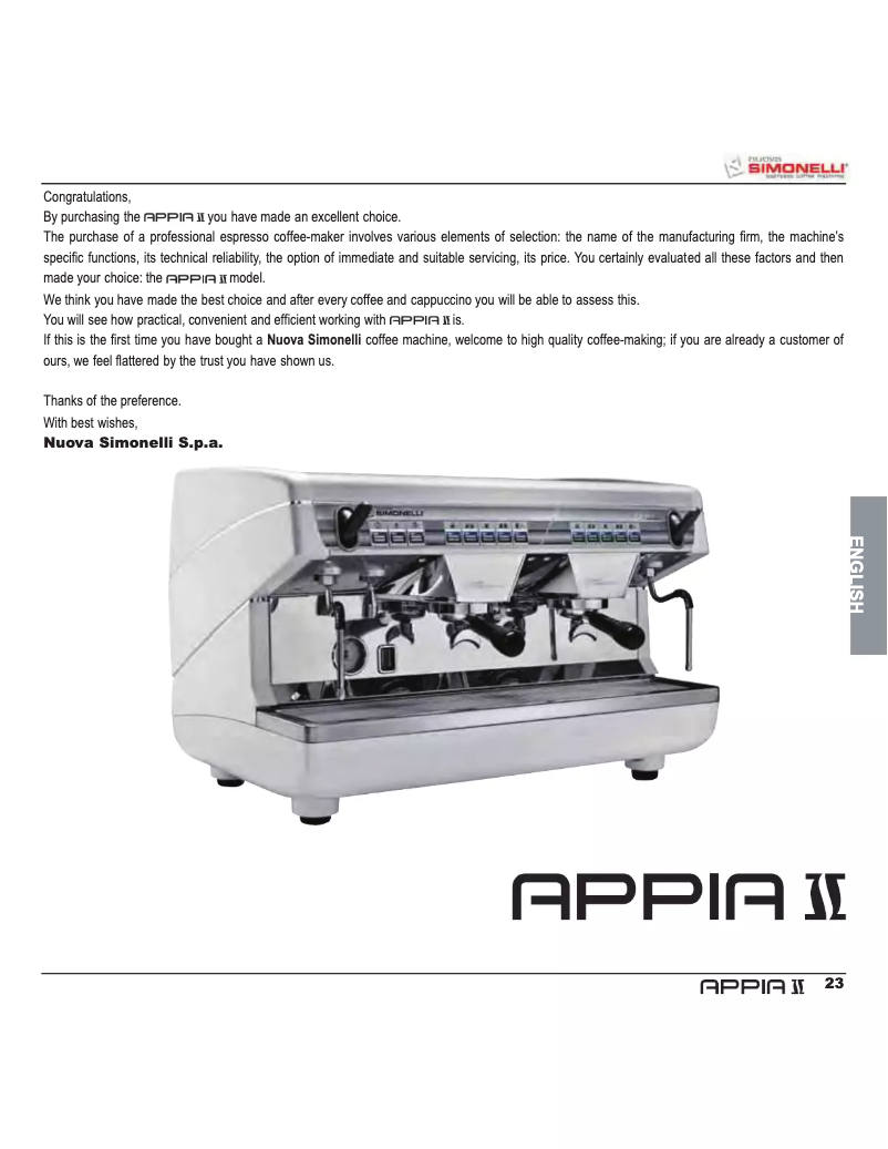 Page 1 de la notice Manuel utilisateur Nuova Simonelli Appia Life XT