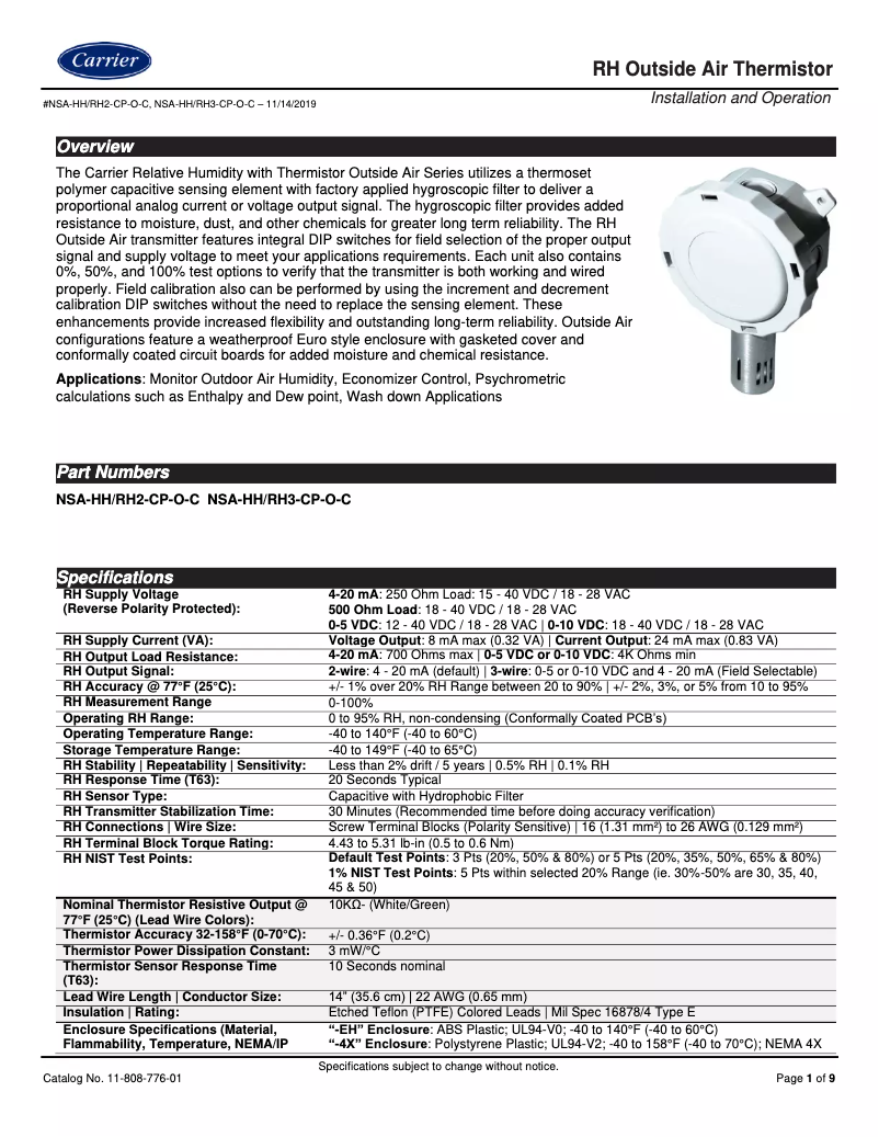 Page 1 de la notice Manuel utilisateur Carrier NSA-OA-RH