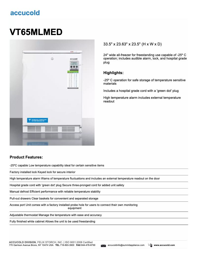 Page 1 de la notice Fiche technique Summit Accucold VT65MLMED