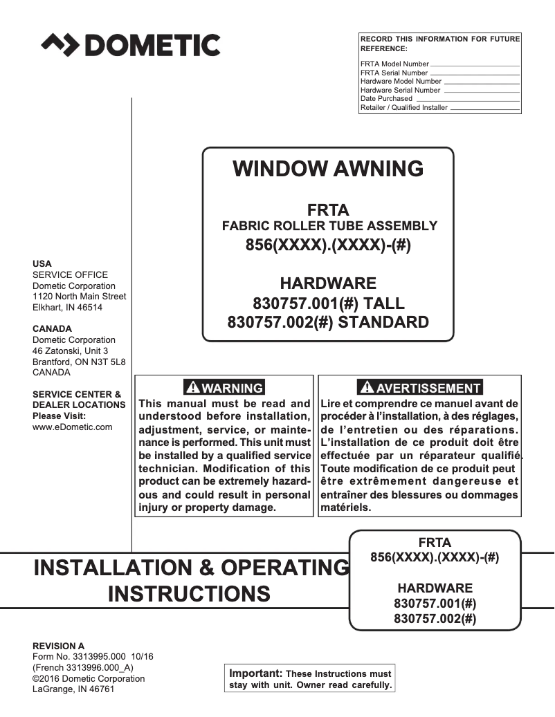 Image de la première page du manuel de l'appareil Window Awning