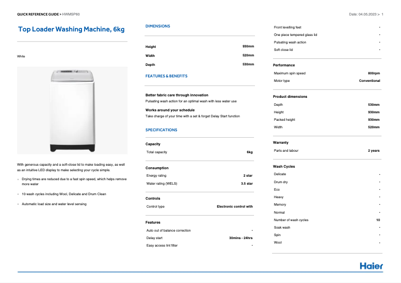 Image de la première page du manuel de l'appareil HWMSP60