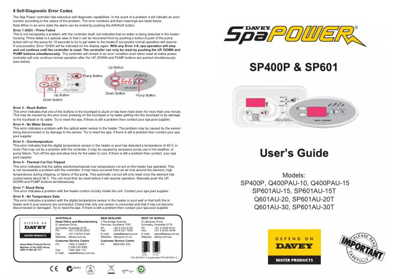 Imagen de la primera página del manual del dispositivo SpaPower Spa Control SP601