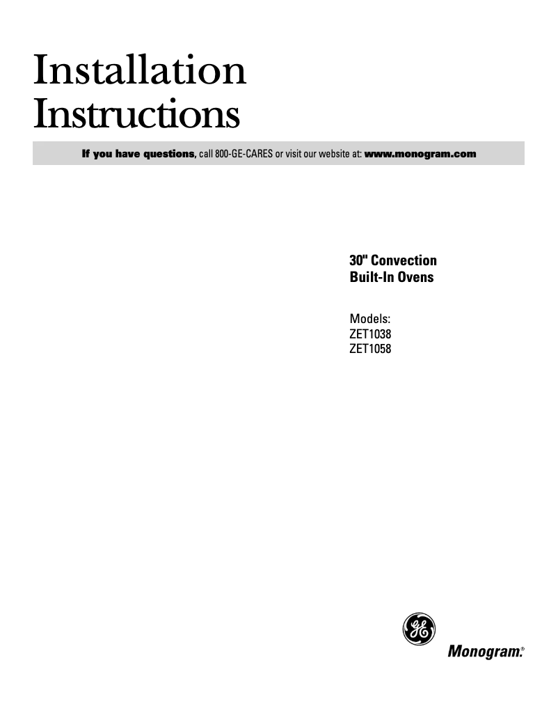 Page n°1 - Guide d'installation GE ZET1038SFSS