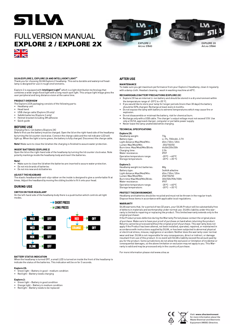 Page 1 de la notice Manuel utilisateur Silva Schneider Explore 2X