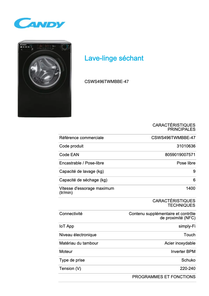 Page 1 de la notice Fiche technique Candy CSWS496TWMBBE-47