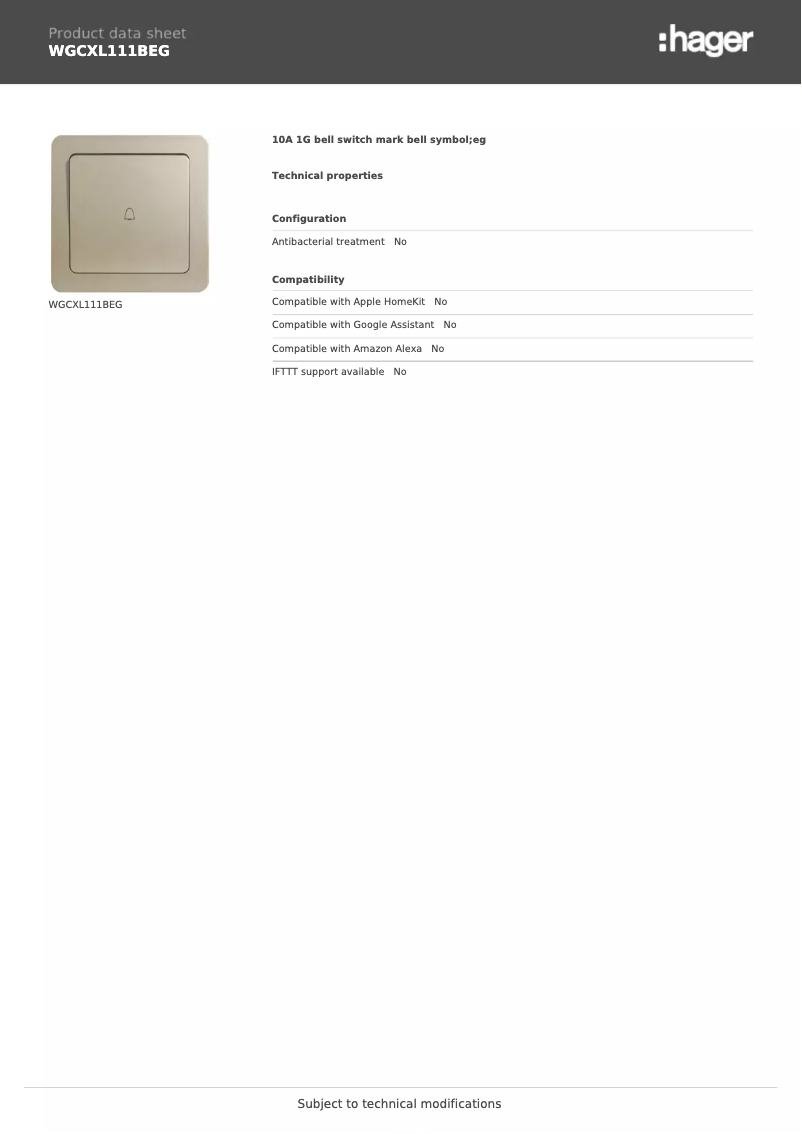 Page 1 de la notice Fiche technique Hager WGCXL111BEG